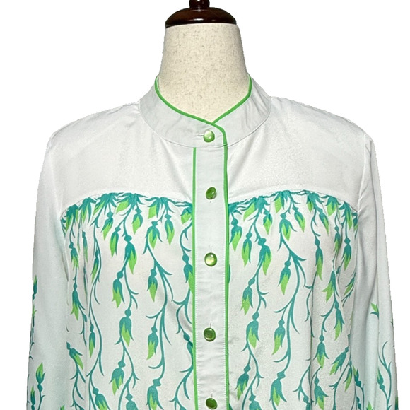 Bob Mackie Top 1X Wearable Art White Green Blue Leaf Print Button Up Career - Picture 1 of 8